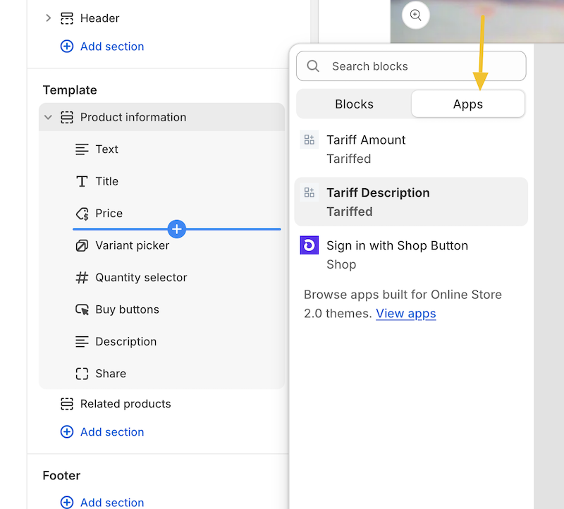 Step 7: Add Tariffed App Block screenshot